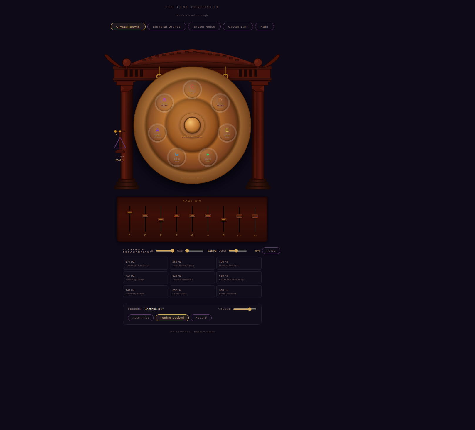 Sound healing bowls interface with solfeggio frequency presets and binaural drones