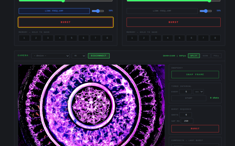 Cymatics Lab — dual precision oscillator with HD camera capture and composite blending