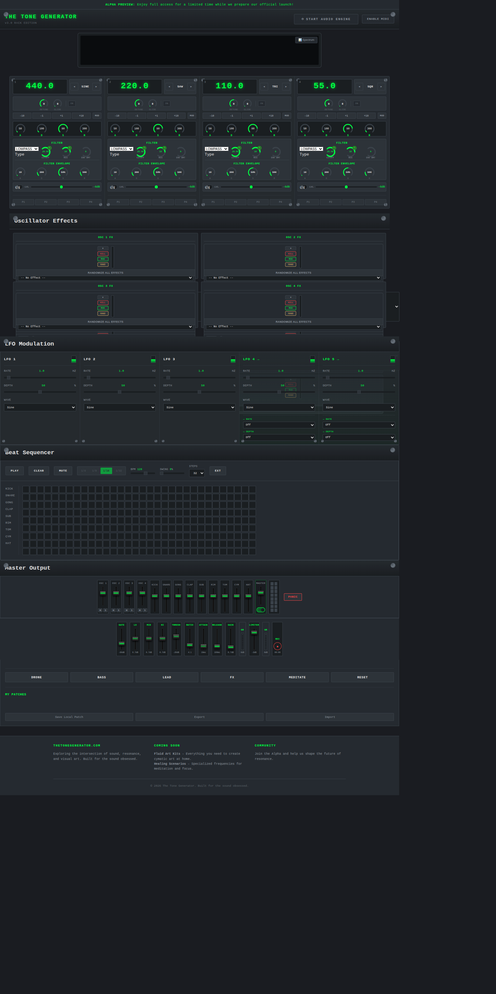 Rack Edition modular synthesizer with MIDI control, LFO modulation, and effect chains